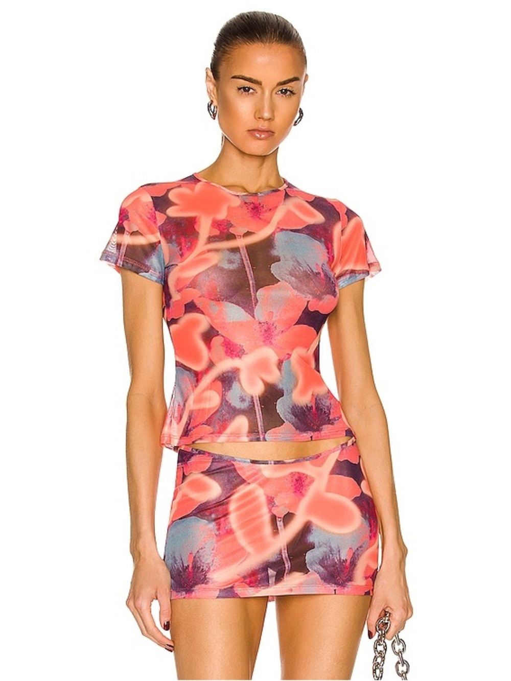 Miaou Neon Floral Mesh Tee in Coral and Purple